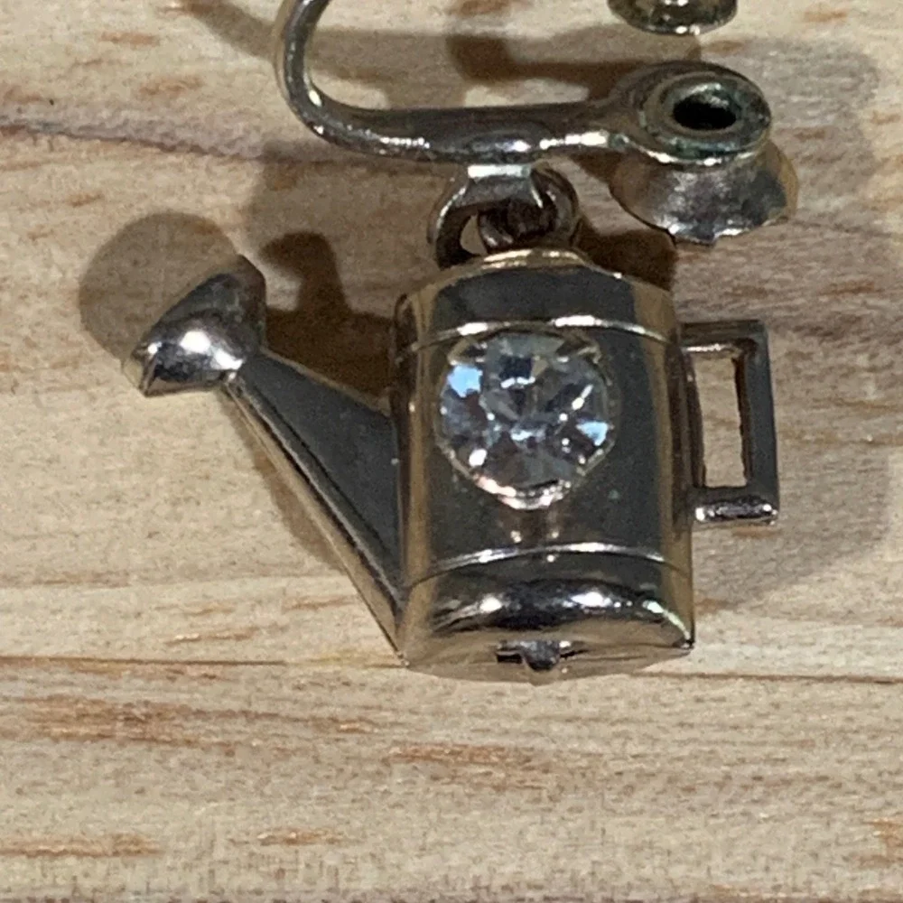 Vintage Watering Can Single Earring Women Silver Tone Rhinestone Gardening